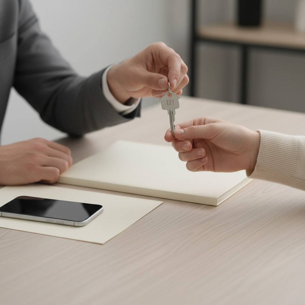 Close-up of hands exchanging a house key symbolizing closing a home sale and reducing selling a house realtor fees with direct workflows