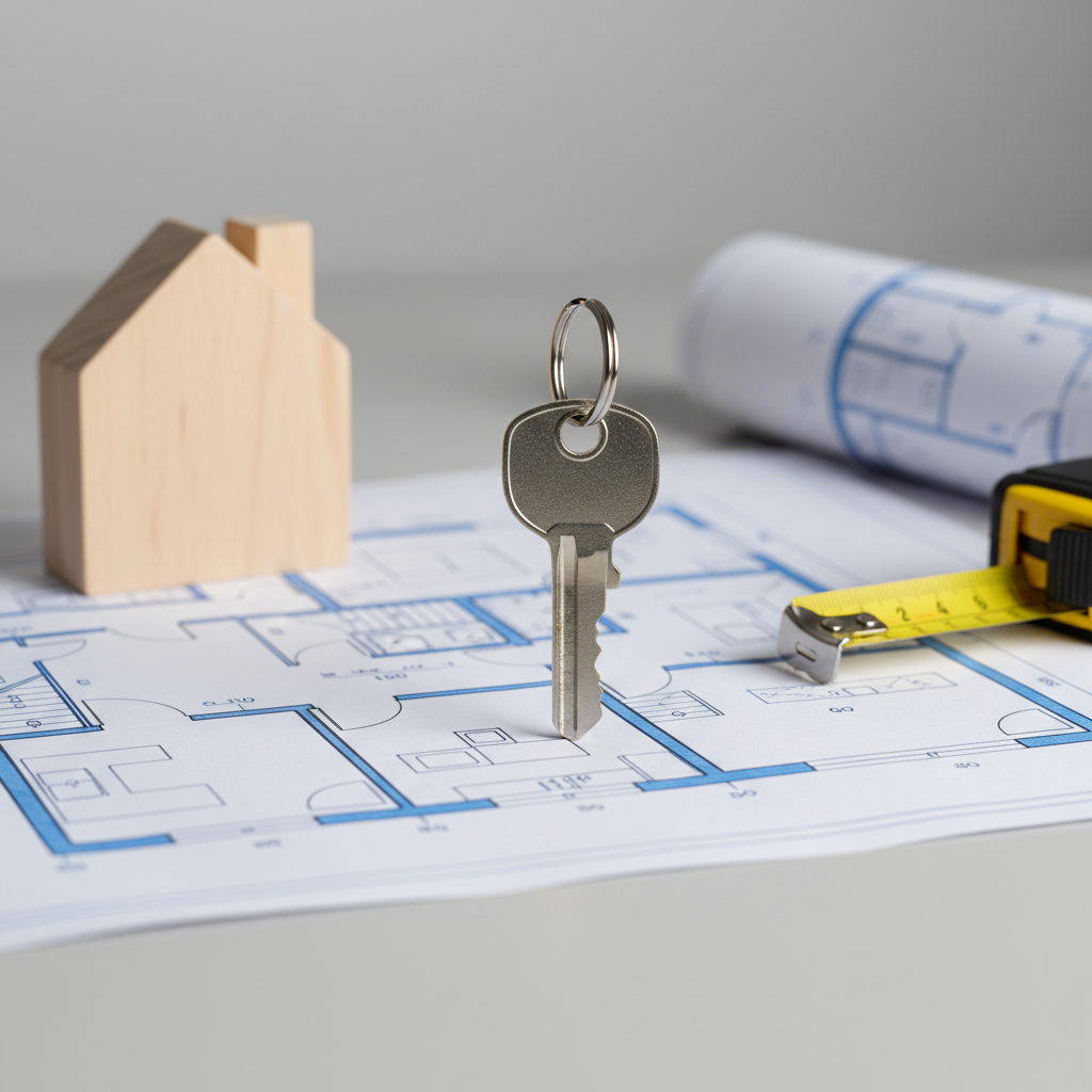 Close-up of house key on floor plan representing Peel Region home search steps and valuation checks in Brampton