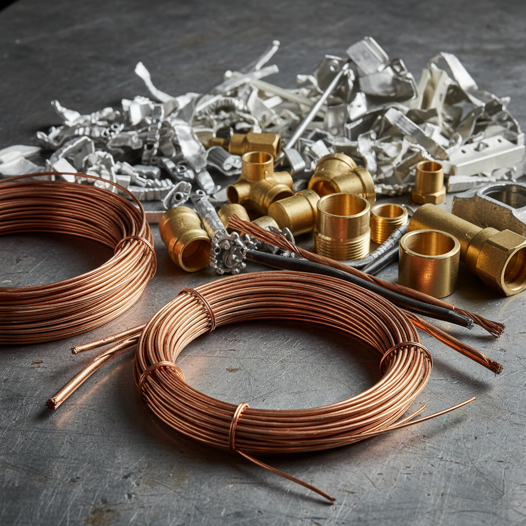 Close-up of sorted non-ferrous scrap: copper wire, brass, and aluminum ready for recycling in Etobicoke