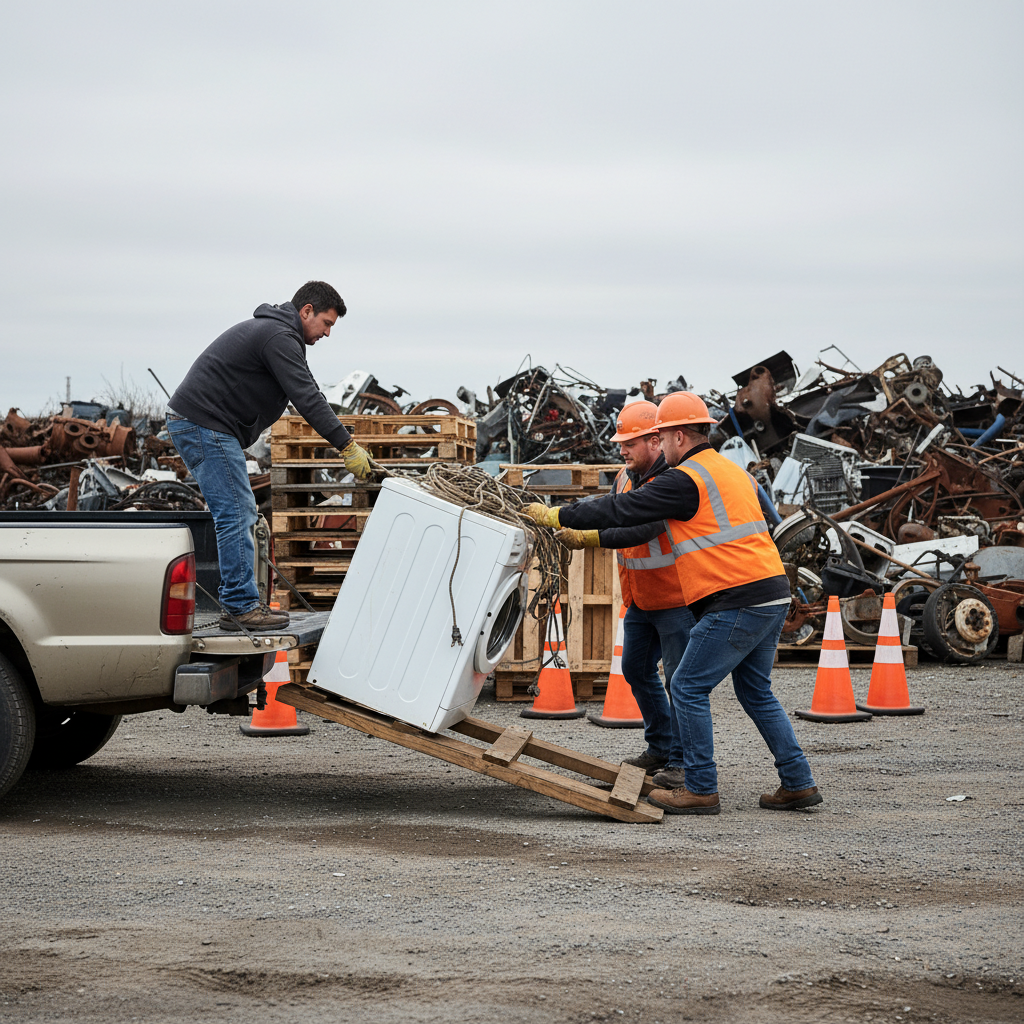 Customer unloading a washing machine and bundled cables at a Toronto scrap yard drop-off area