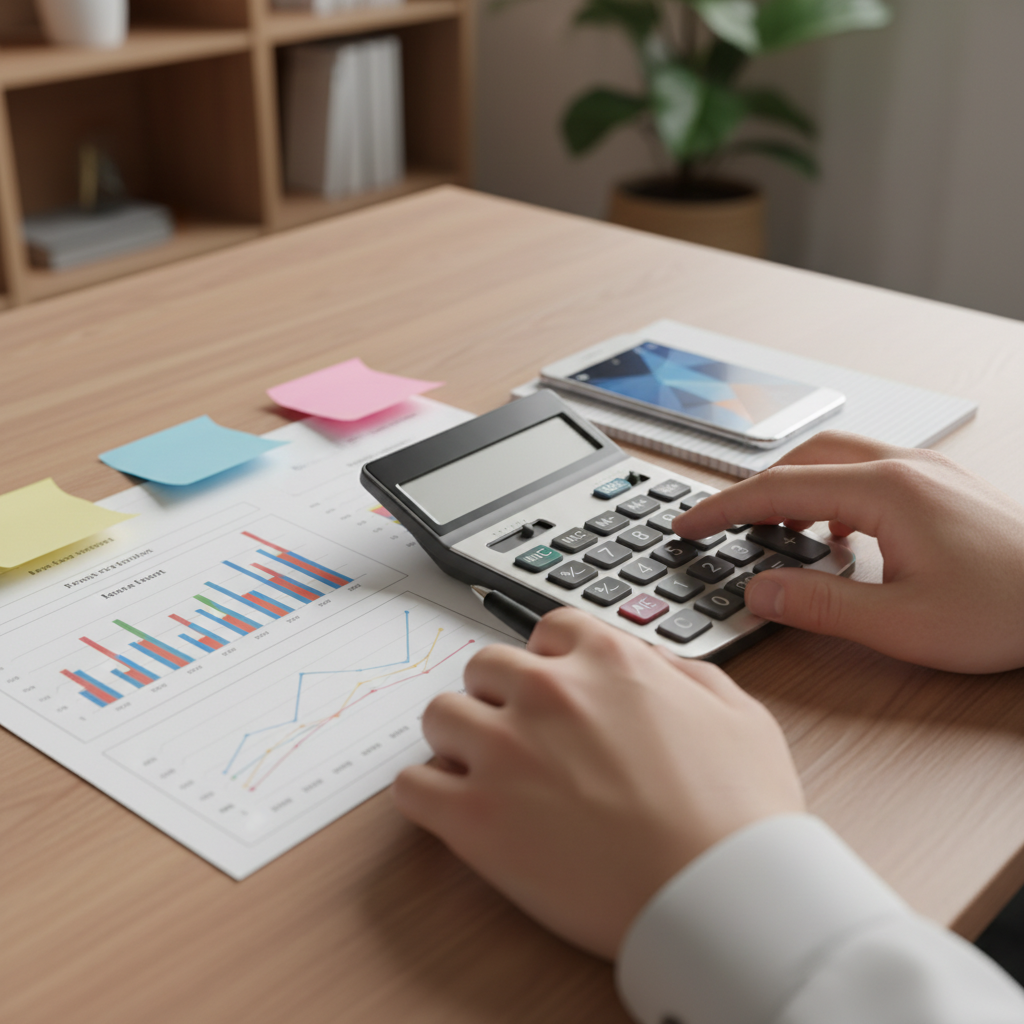Close-up of hands calculating BAS and tax planning figures in Parramatta office using calculator and spreadsheet