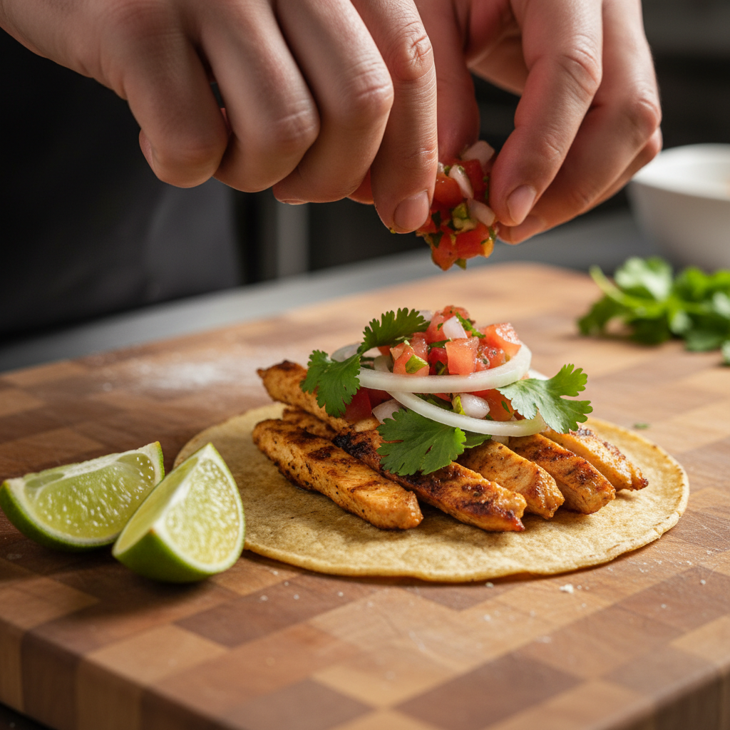 Close-up of assembling a taco with grilled chicken, pico de gallo, cilantro, and lime – Mexican grill family meal ideas for Toronto weeknights