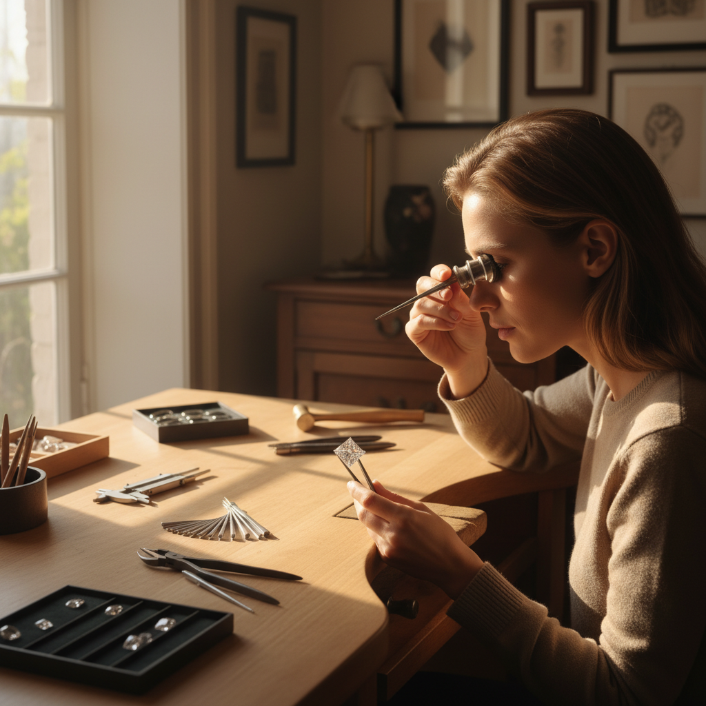 Jeweler in Manhattan inspecting a princess cut diamond with a loupe at a bright workbench with tools, evaluating a 1 carat stone