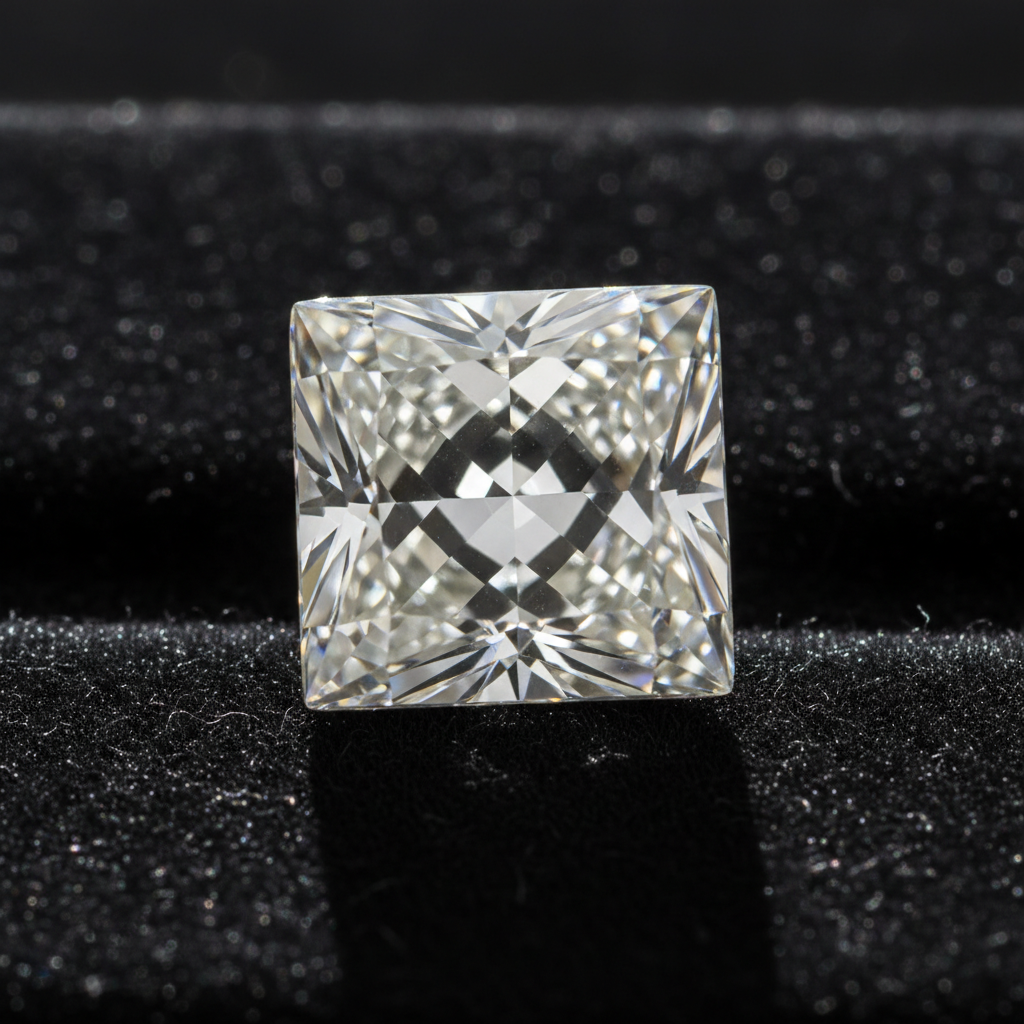 Macro close-up of a loose 1 carat princess cut diamond showing sharp corners and chevron facets on velvet, highlighting cut quality