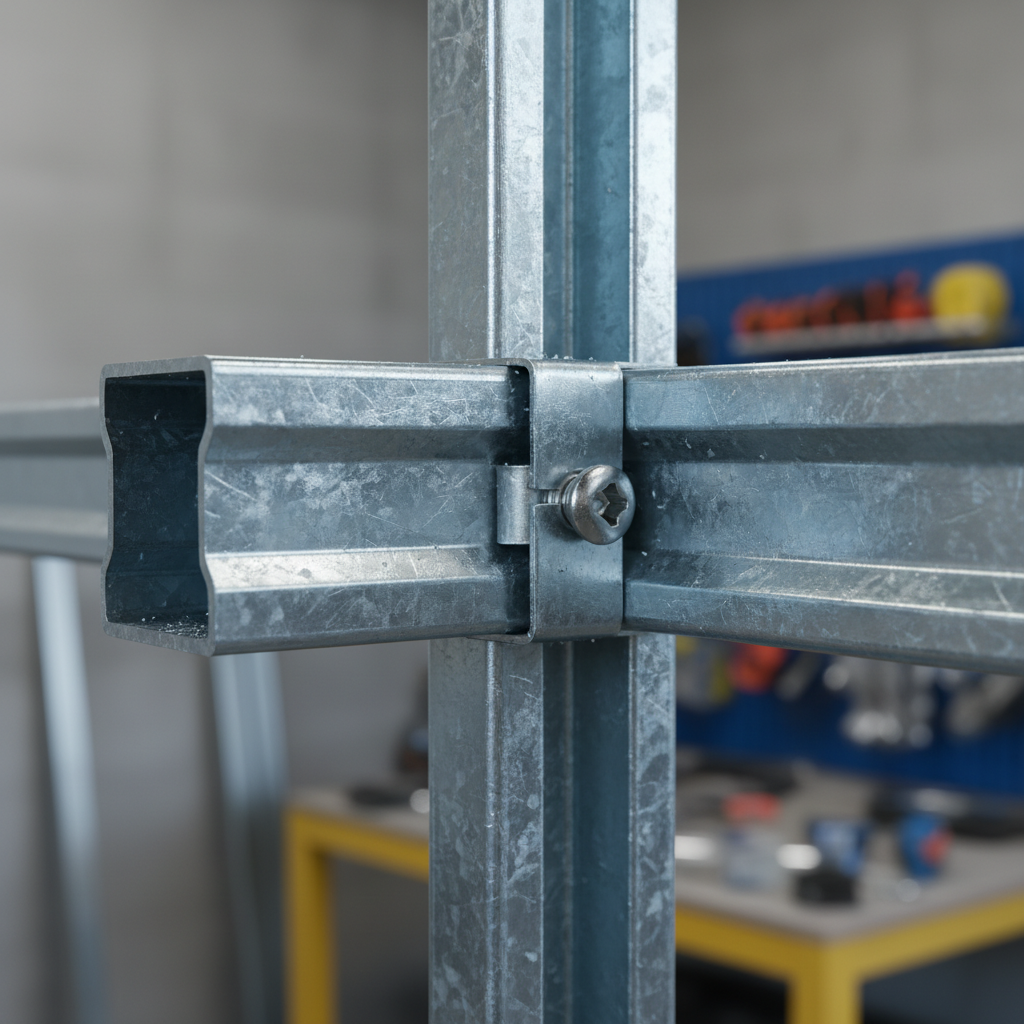 Close-up of galvanized bridging channel clipped to a C-stud for steel stud bracing