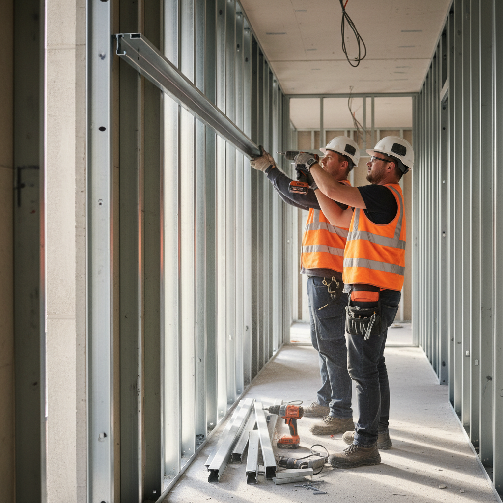 Installers aligning a bridging channel across metal studs in a corridor