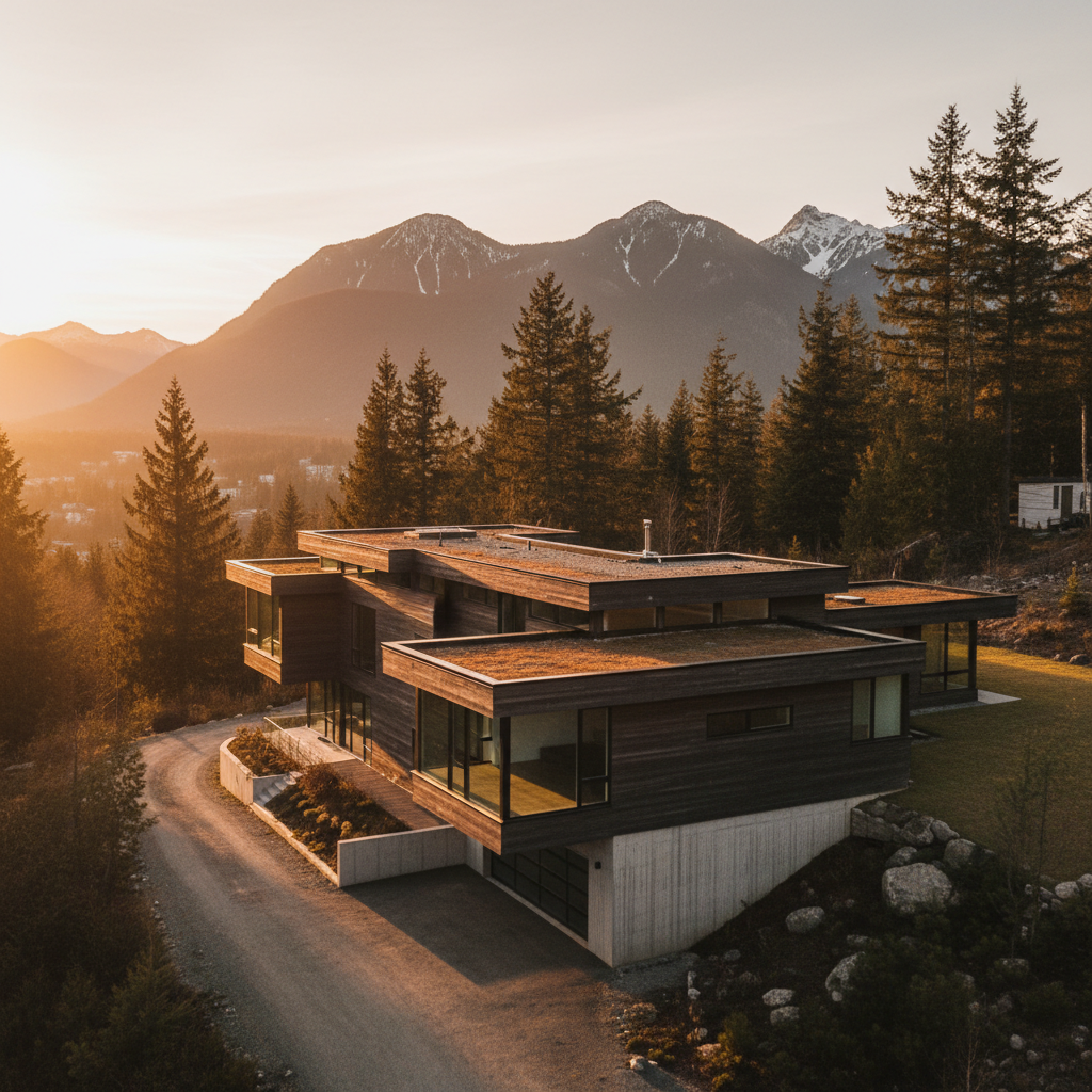 Aerial drone capturing exterior of a modern BC home at golden hour for real estate videography services
