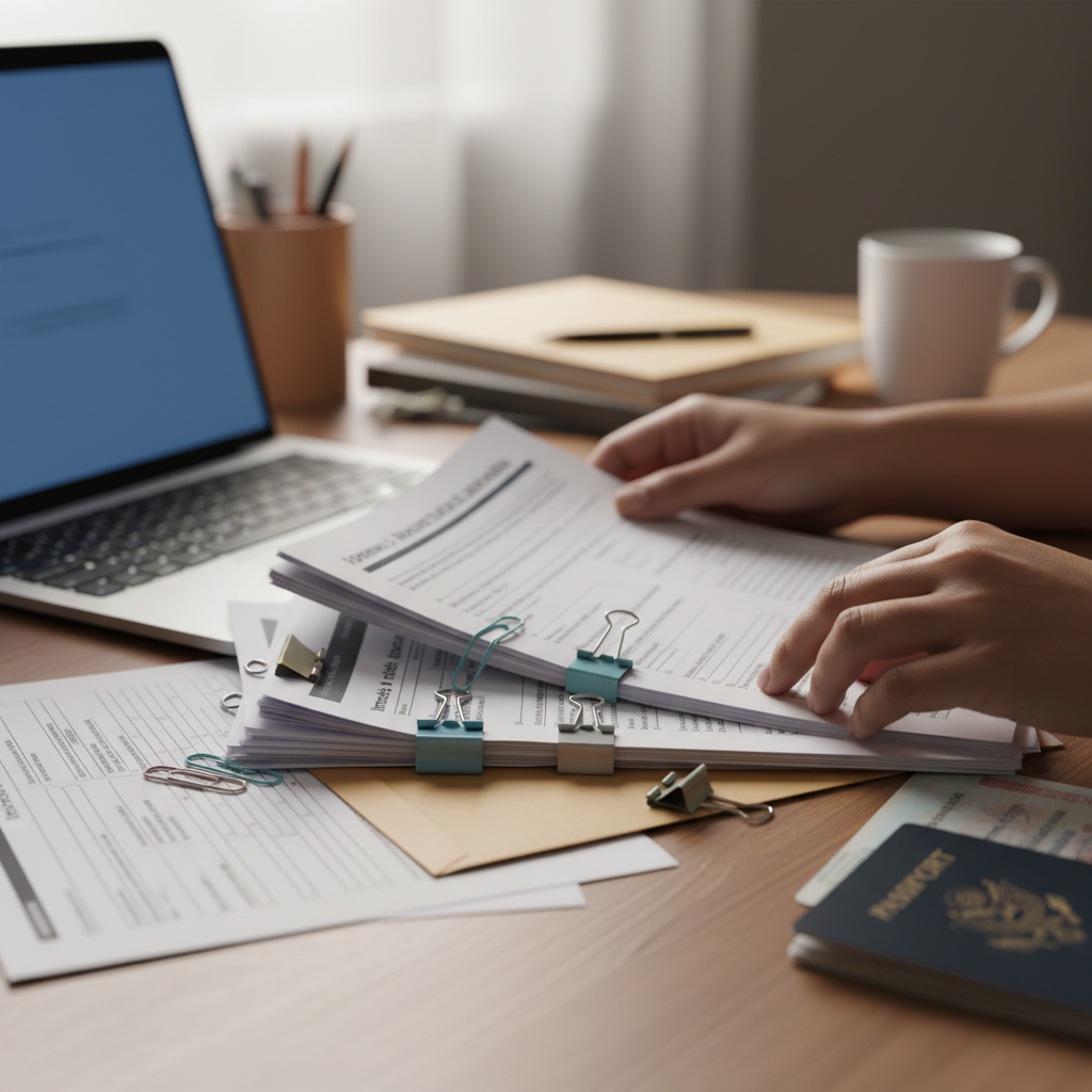 Close-up of immigration documents and laptop organized for Express Entry Canada PR application
