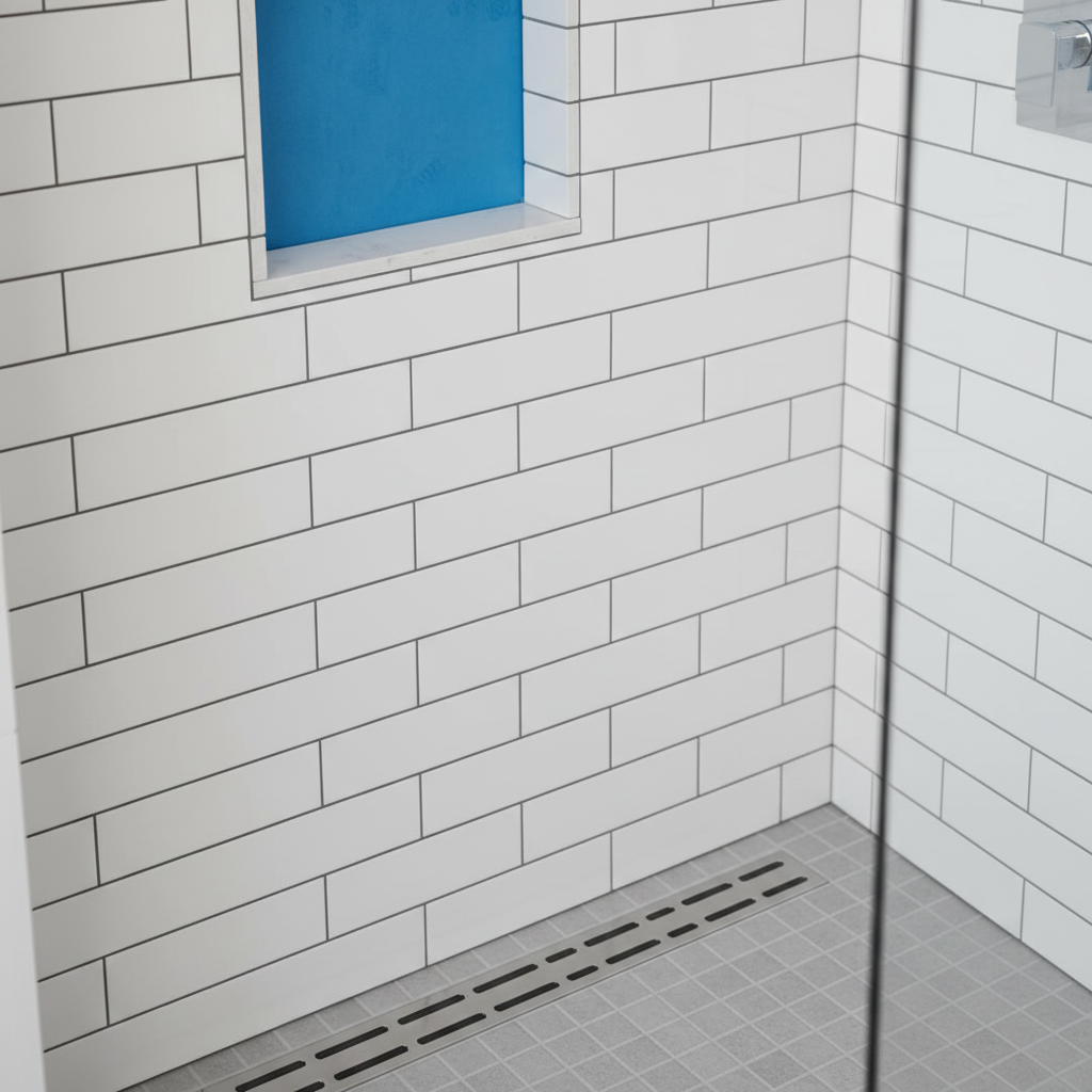 How to Remodel a Small Bathroom with a Shower (2026 Guide) 1 Detail of small bathroom shower waterproofing with membrane, linear drain, and aligned tile—small bathroom remodel with shower best practices