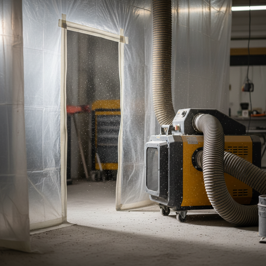 HEPA air scrubber connected to sealed containment during mould removal with negative air setup, showing ducting and plastic sheeting for professional remediation in Ontario