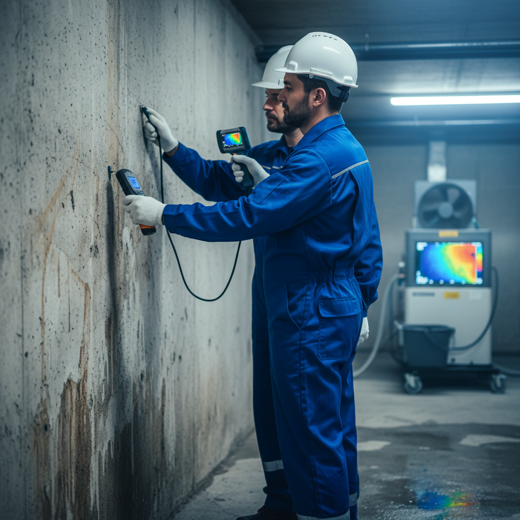 Technicians inspecting a damp basement wall with a moisture meter and thermal imaging camera in Scarborough, ON as part of professional mould removal and prevention