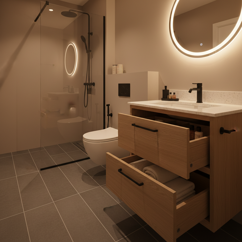 How to Remodel a Small Bathroom with a Shower (2026 Guide) 2 Compact bathroom layout with corner glass shower, wall-hung toilet, and floating vanity—space-saving small bathroom remodel with shower