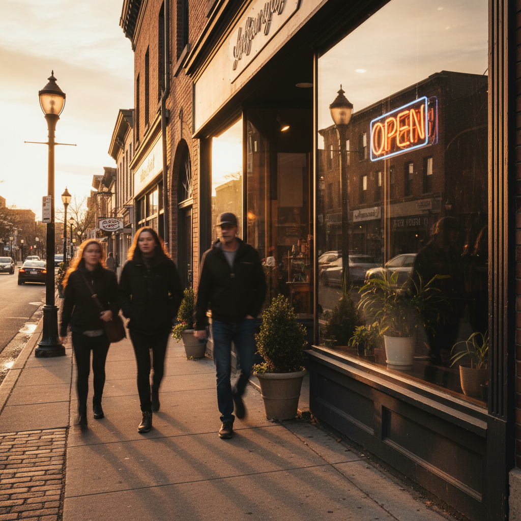 Small business storefront at golden hour representing local SEO presence and foot traffic from optimized on-page content