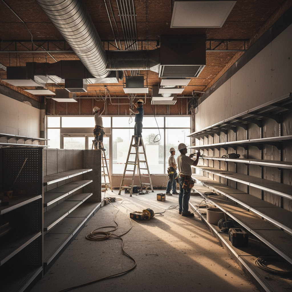 Convenience store interior build-out in Texas during commercial construction management with electricians and HVAC installation