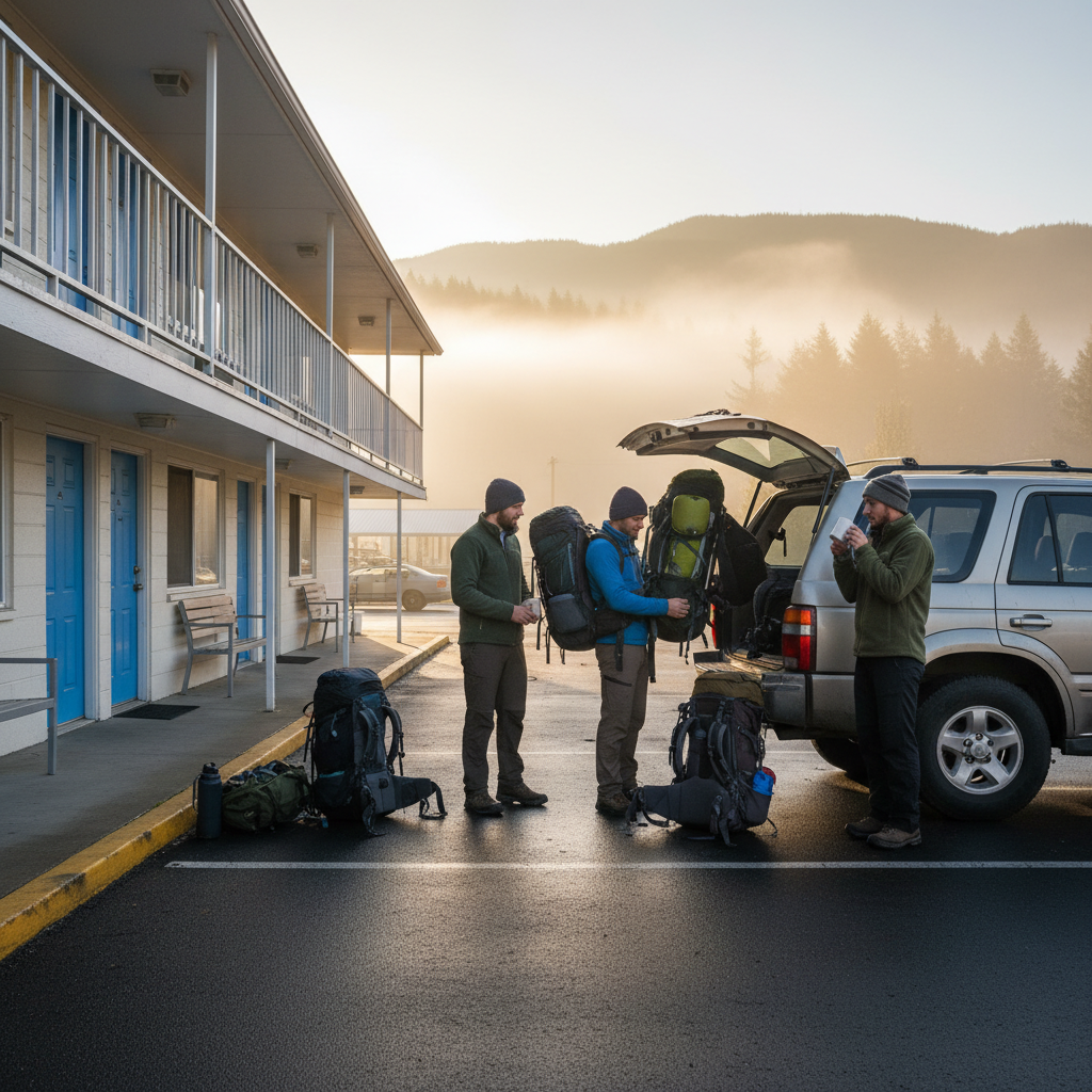 Small group by a North Conway motel loading hiking packs beside rooms, coordinated for an early departure