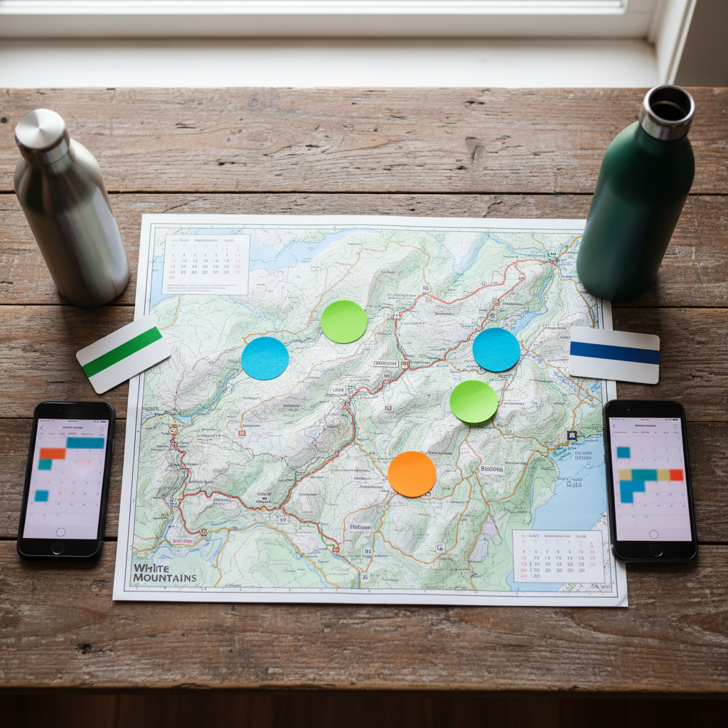 Detail view of a North Conway group vacation package plan with White Mountains map, room keycards, and gear organized for a coordinated day