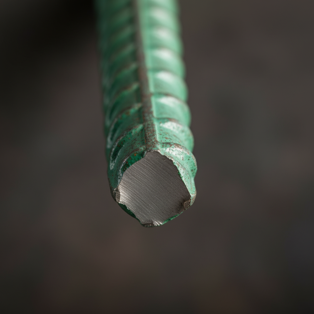 Close-up detail of epoxy-coated rebar ribs for Ontario projects, showing green coating and deformed texture