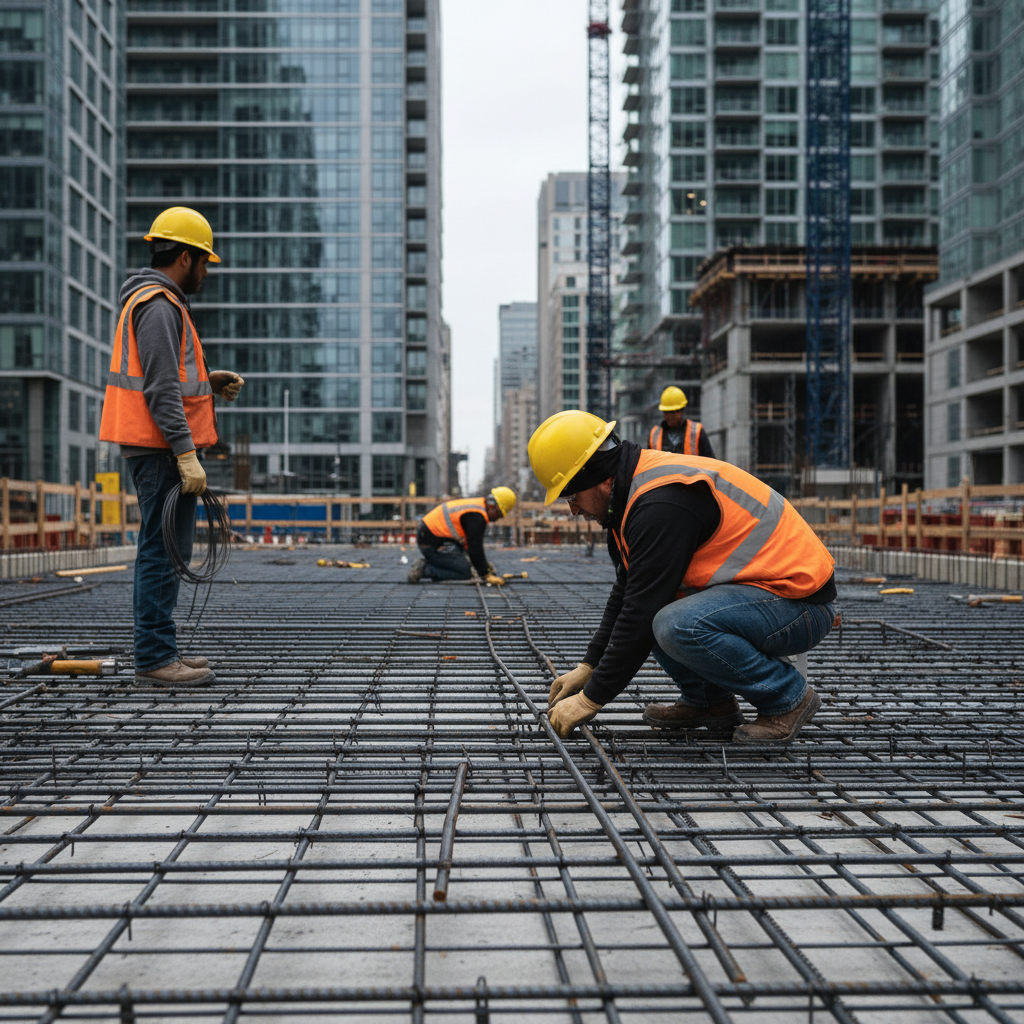 Crew tying slab rebar with welded wire mesh and 20M bars on an Ontario jobsite