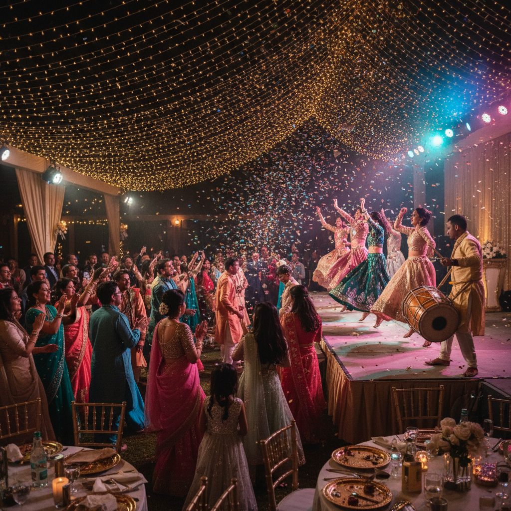 Sangeet night production with dancers, dhol, and colorful lighting managed by a wedding event organizer