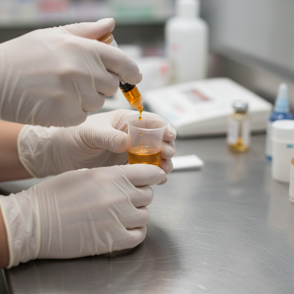 Detail view of supervised methadone dosing cup being prepared in a clinic pharmacy setting, illustrating emergency methadone clinic safety steps