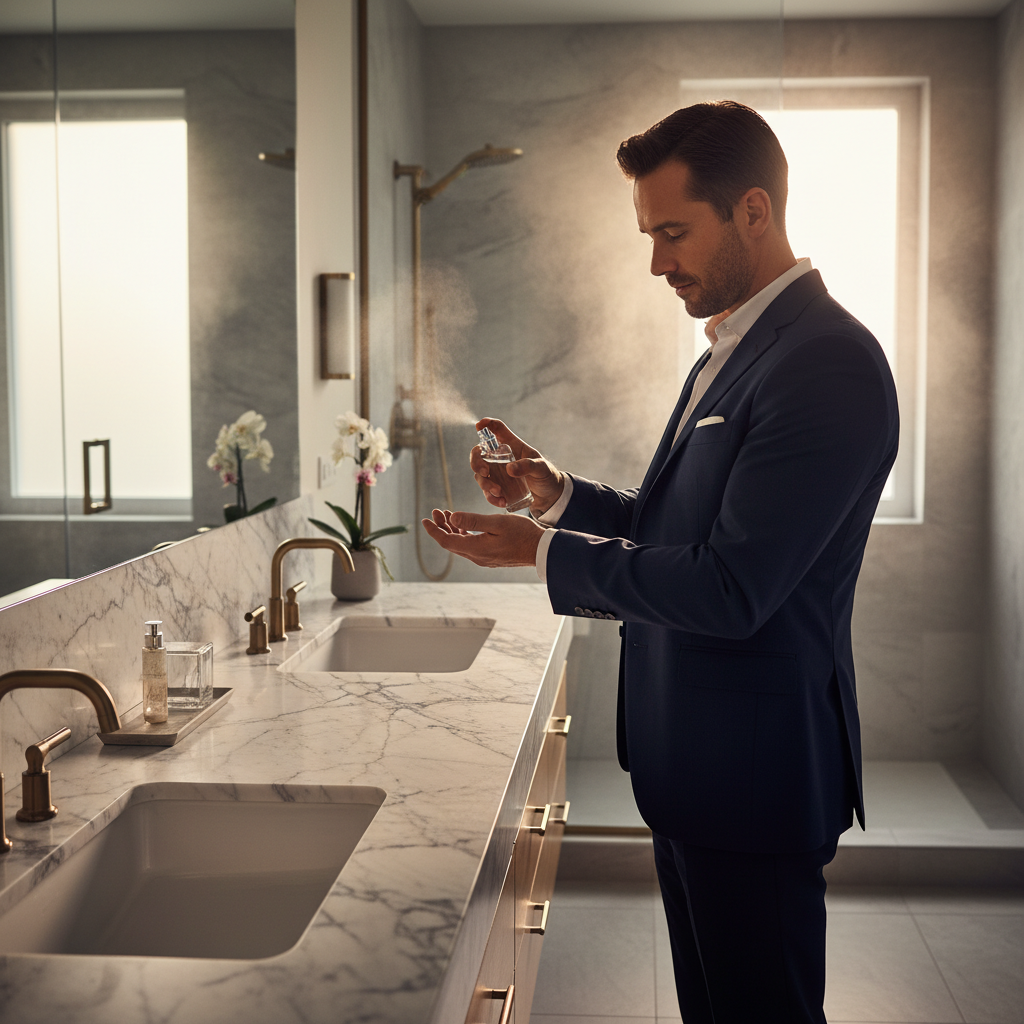 Lifestyle scene of a man applying a niche fragrance to his wrist in a modern bathroom, ideal usage technique