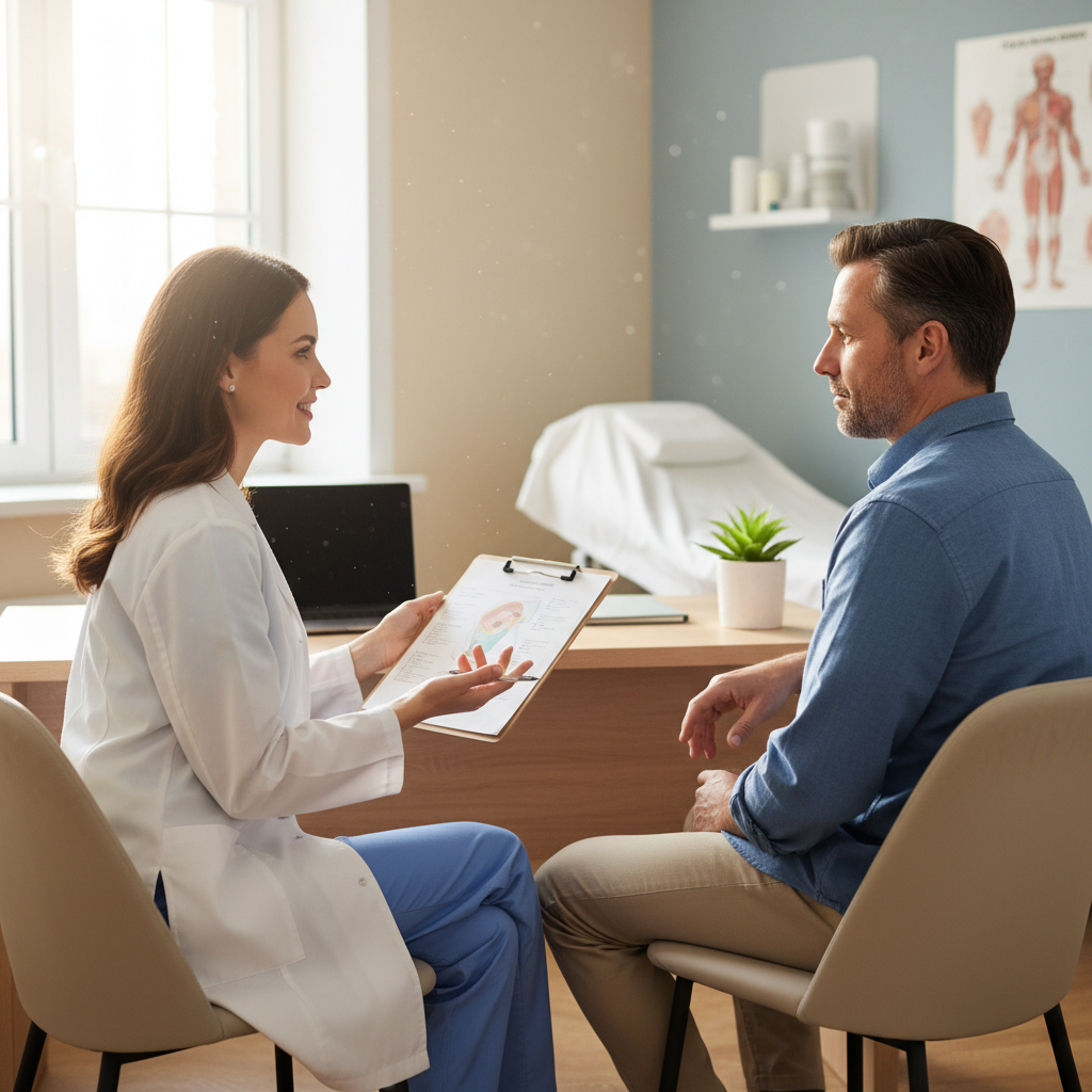 Physician consulting with a patient in a private exam room, illustrating supportive planning during emergency methadone clinic intake