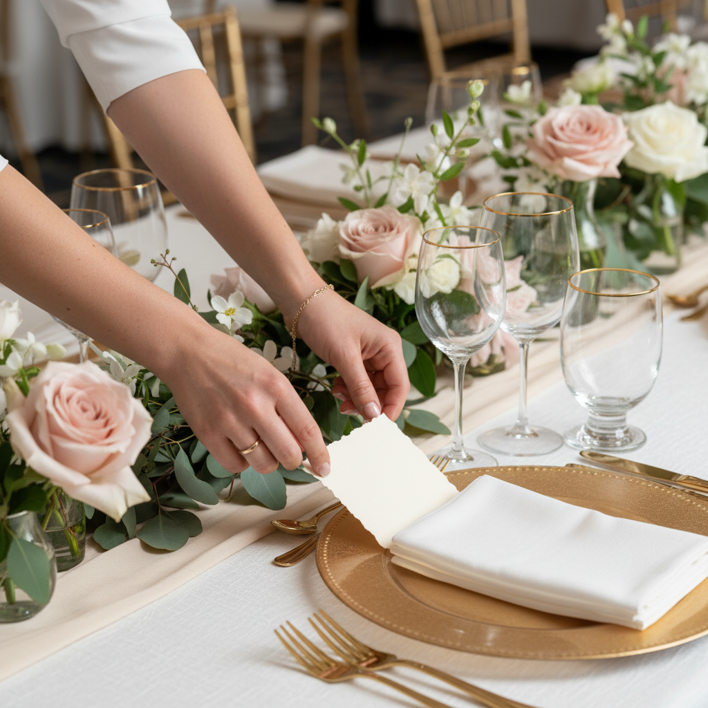 Close-up of a wedding organizer arranging a refined tablescape with florals and gold flatware in Greater London