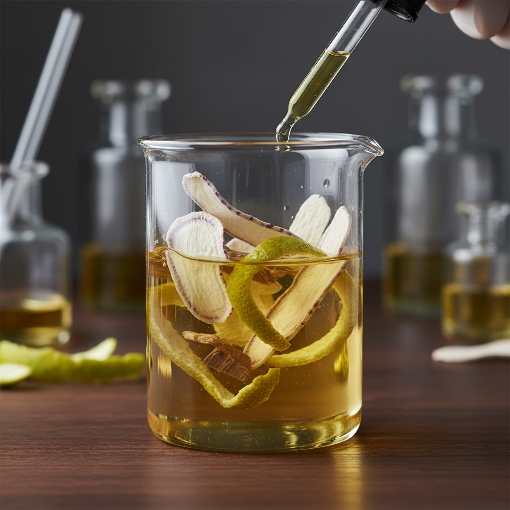 Close-up of niche perfume ingredients like orris root, bergamot, and cedar in a lab beaker for men's niche fragrances