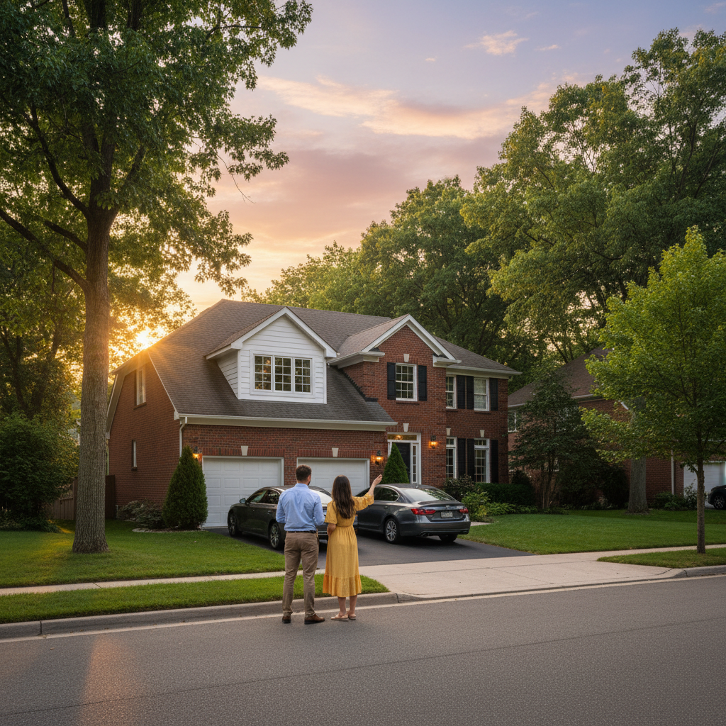 Real estate agent meeting buyers in front of a detached Mississauga home at sunset during a showing
