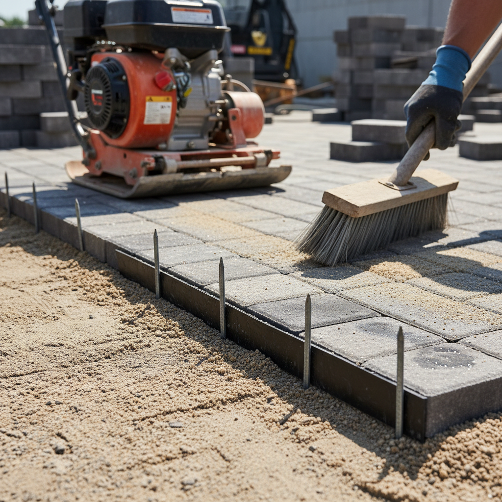 Close-up of interlocking pavers during installation on compacted base with edge restraint and polymeric sand for a durable Mississauga patio
