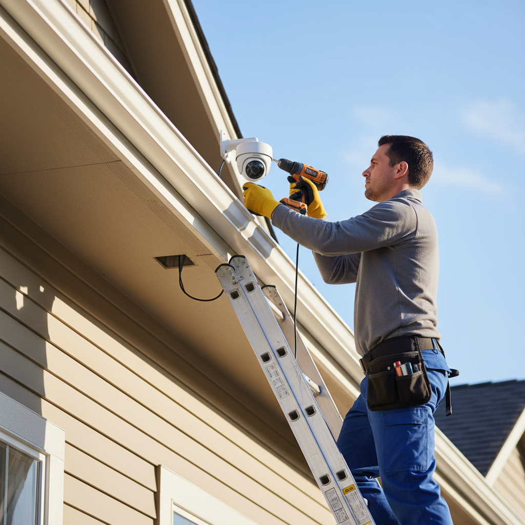 Technician installing a turret camera beneath a home soffit as part of a PoE home surveillance setup