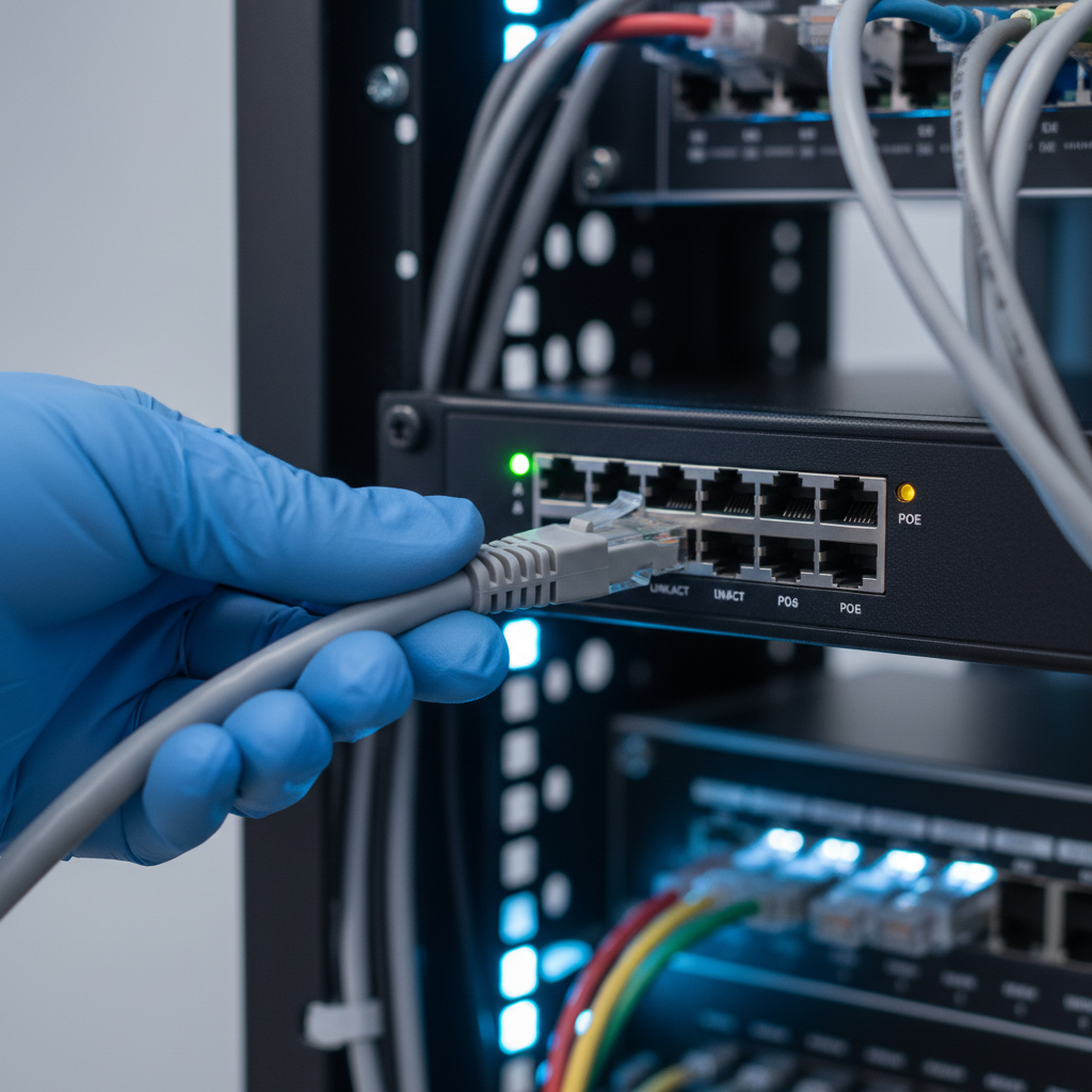 PoE IP camera Ethernet cable connecting to an NVR PoE port in a small rack for home surveillance