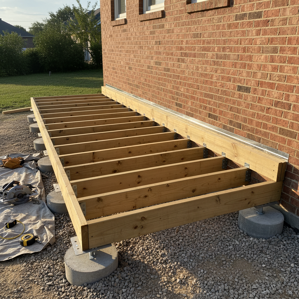 Side-angle view of a backyard deck under construction with joists on concrete footings, ledger flashing, and joist hangers in a Mississauga home