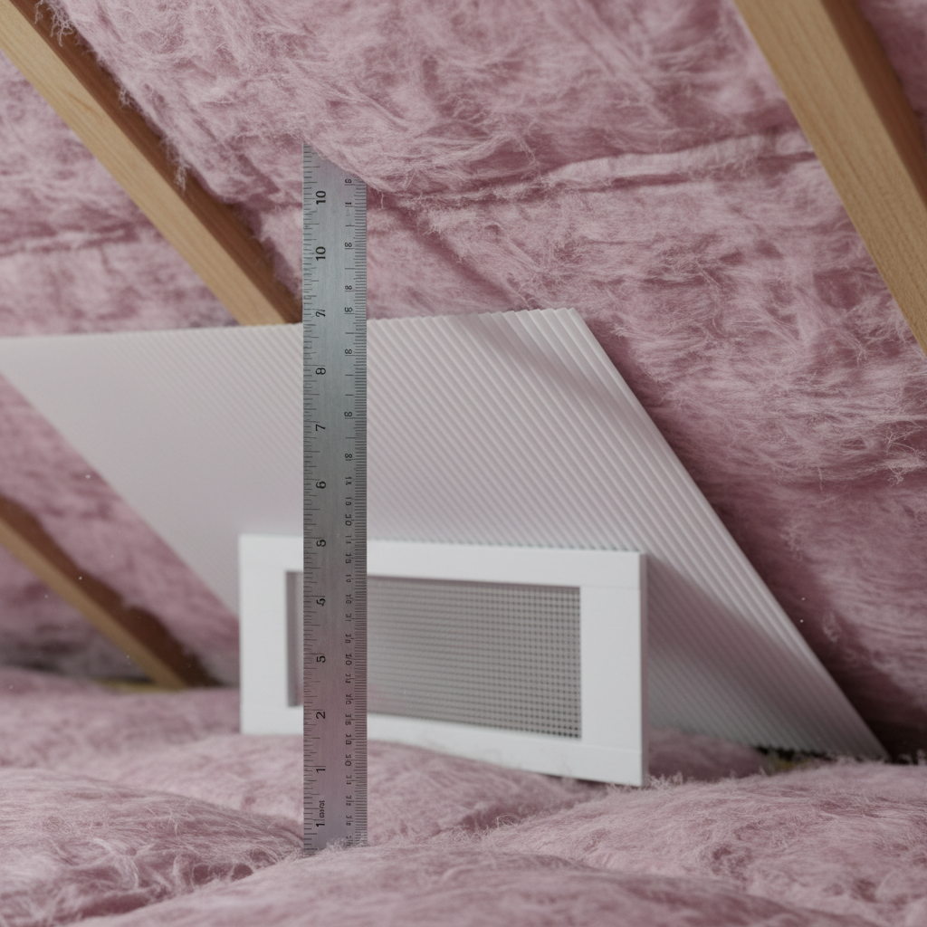 Close-up attic insulation depth check next to soffit baffle during professional attic inspection