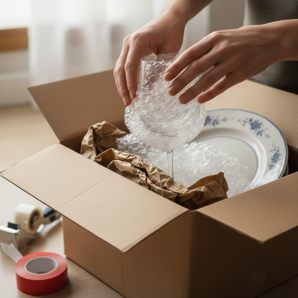 Close-up of pro packers wrapping fragile glassware for a residential move in Dubai