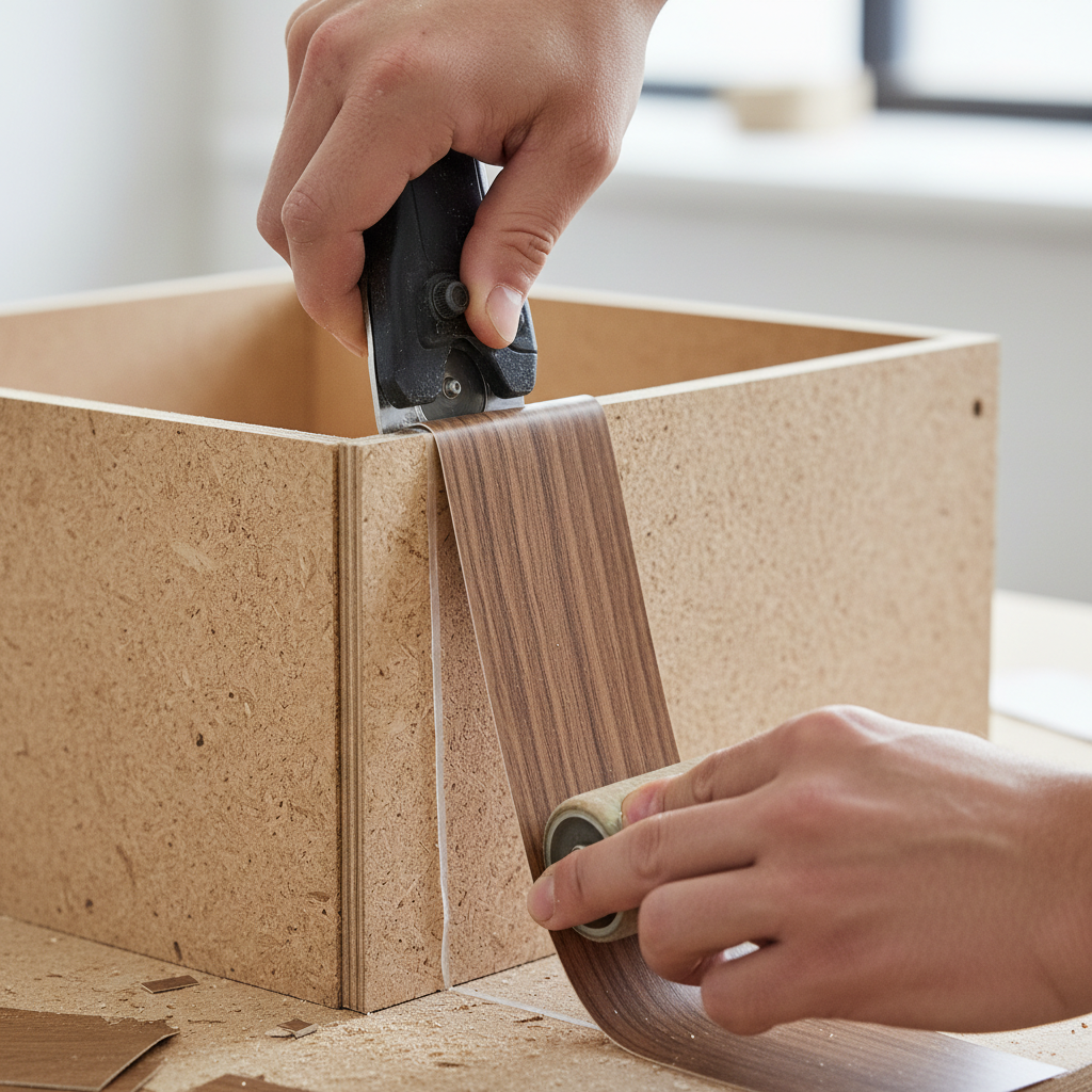 Close-up of laminate edge banding applied during cabinet refacing for a Toronto kitchen; clean adhesive line and grain match for durable finish