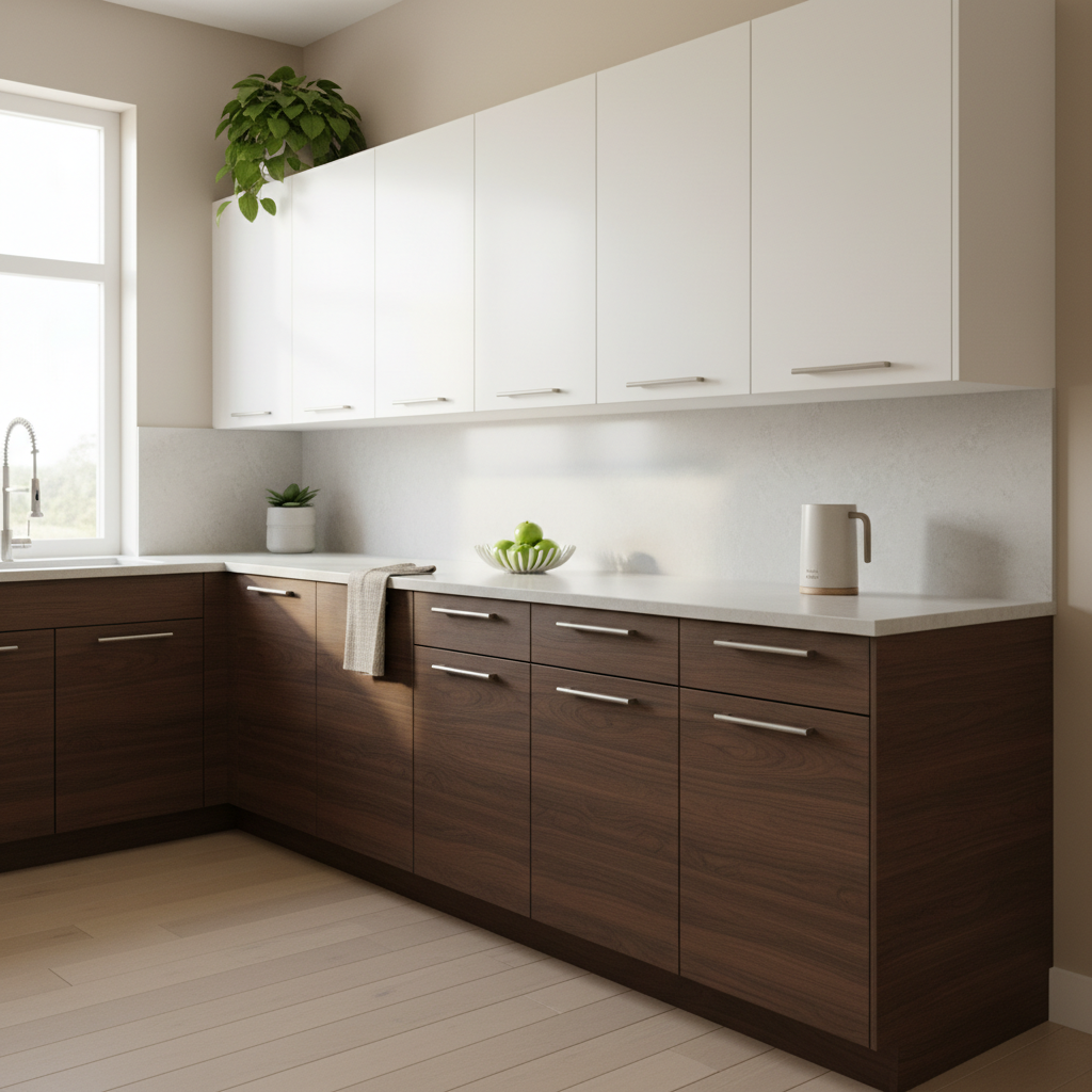Finished laminate cabinet refacing in Toronto with two-tone design: white upper cabinets and walnut-look lower cabinets, updated hardware, and clean reveals