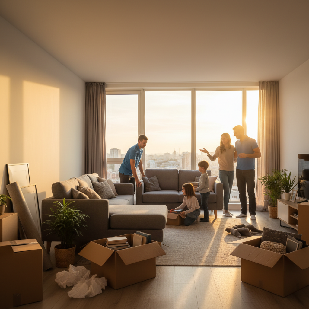 Family arranging furniture with movers in a new Dubai apartment during a residential move
