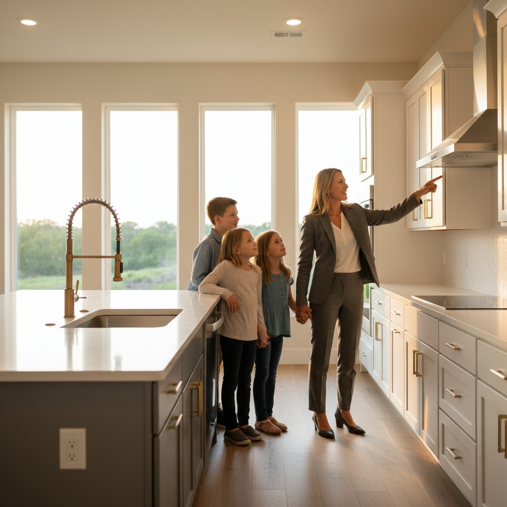 Realtor guiding a family through a new build kitchen in Edmonton during a consulting-led tour