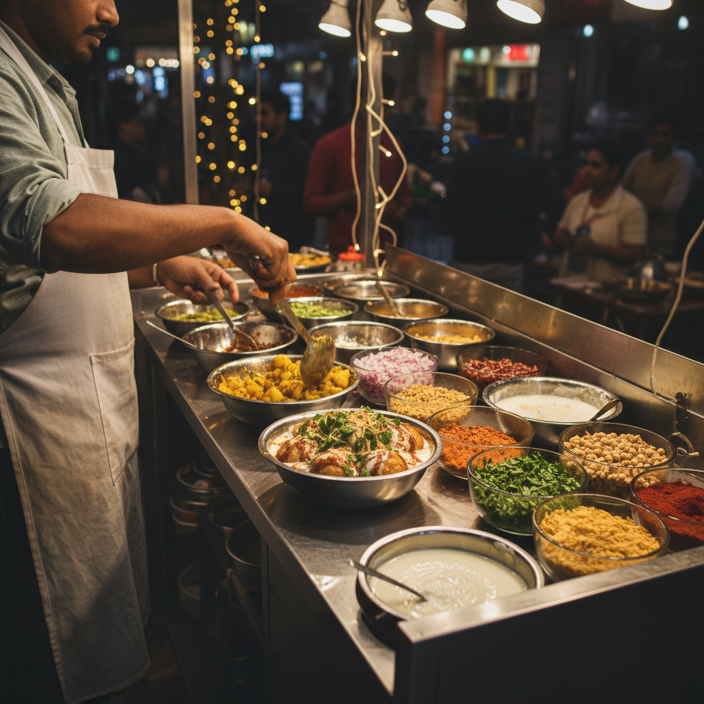 Indian chaat station scene in Brampton assembling aloo chaat and dahi bhalla with colorful toppings