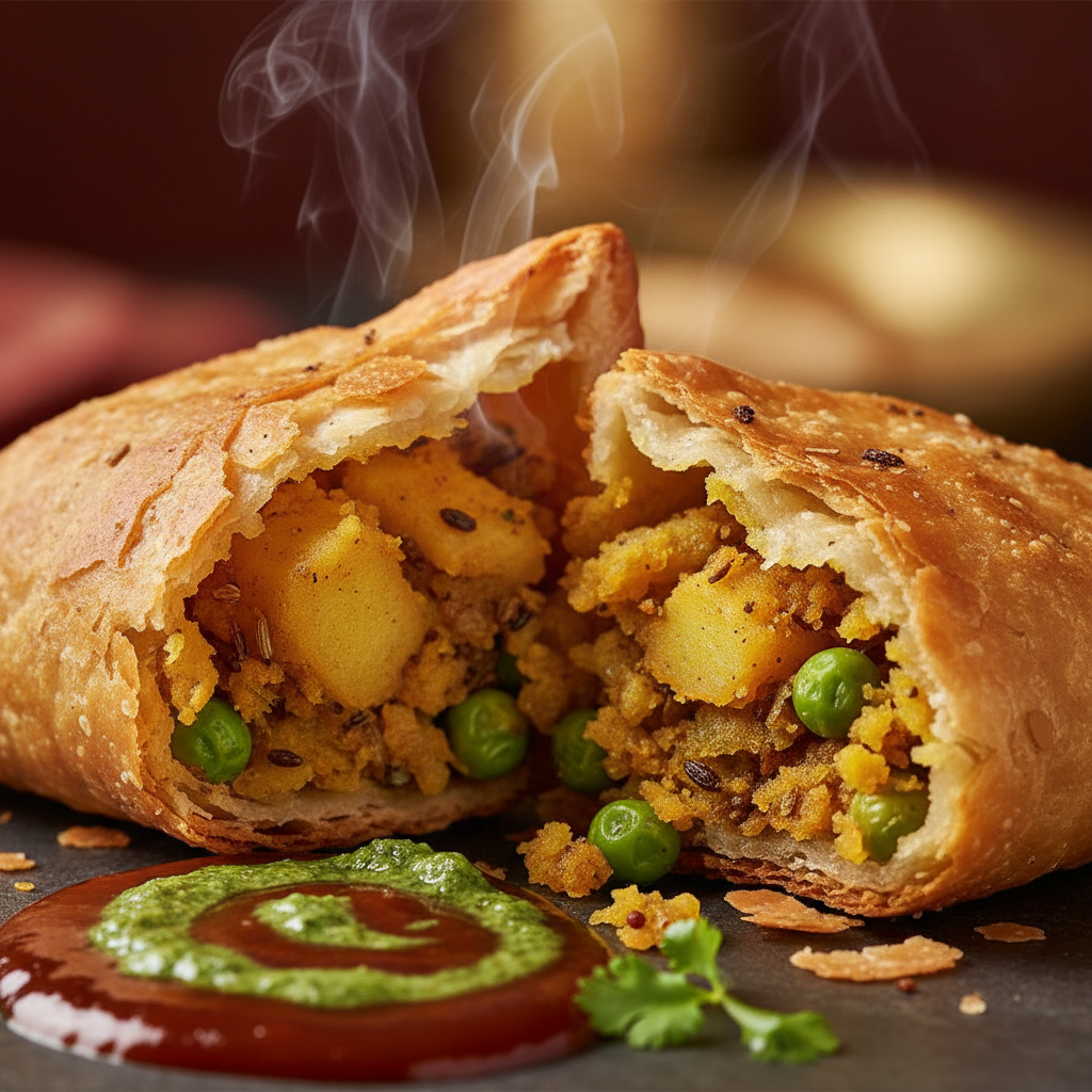 Close-up of Indian samosa showing flaky crust and spiced potato filling, a signature Indian snack in Brampton