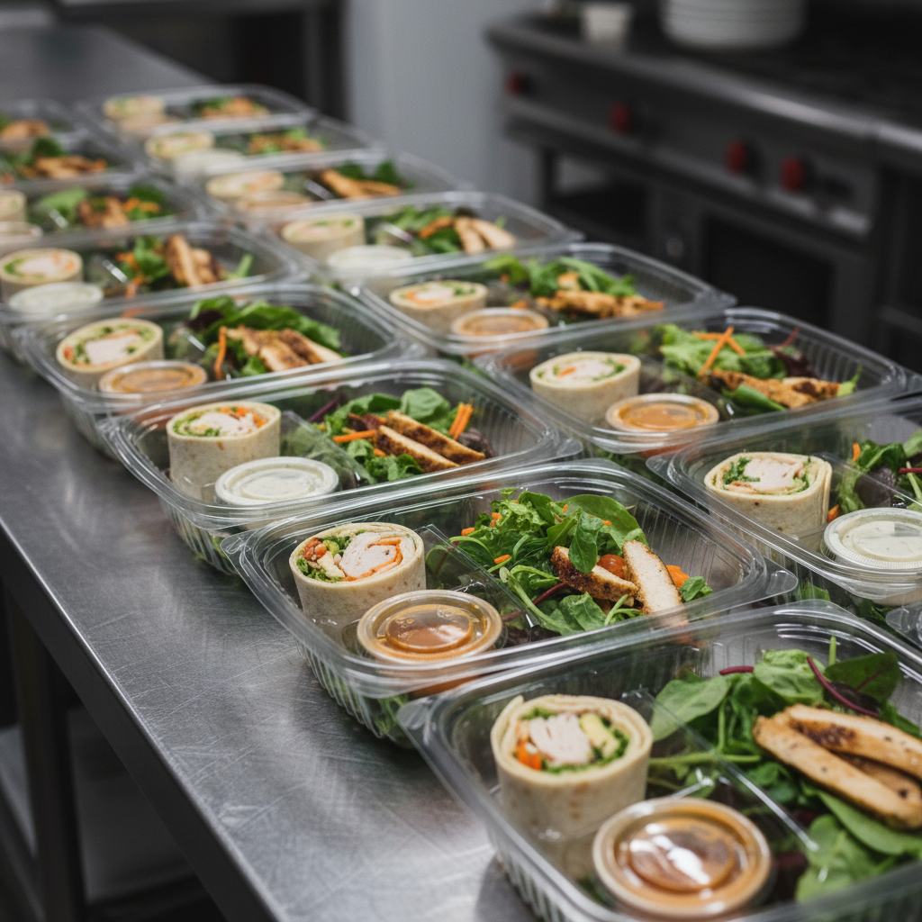 Individually packaged corporate lunch boxes labeled for dietary preferences – boxed office catering in Toronto