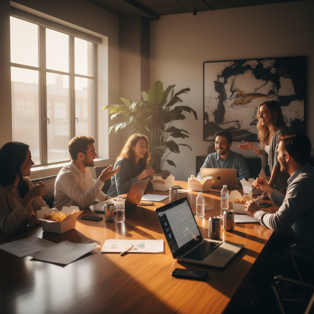 Team in a conference room enjoying boxed office lunches during a meeting in Toronto