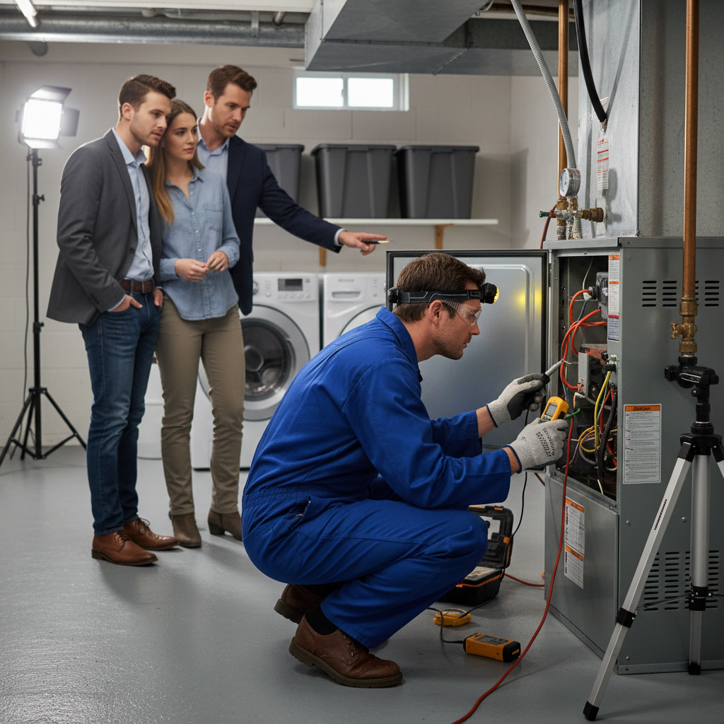 Home inspector reviewing a furnace while a buyer’s agent guides GTA buyers through due diligence