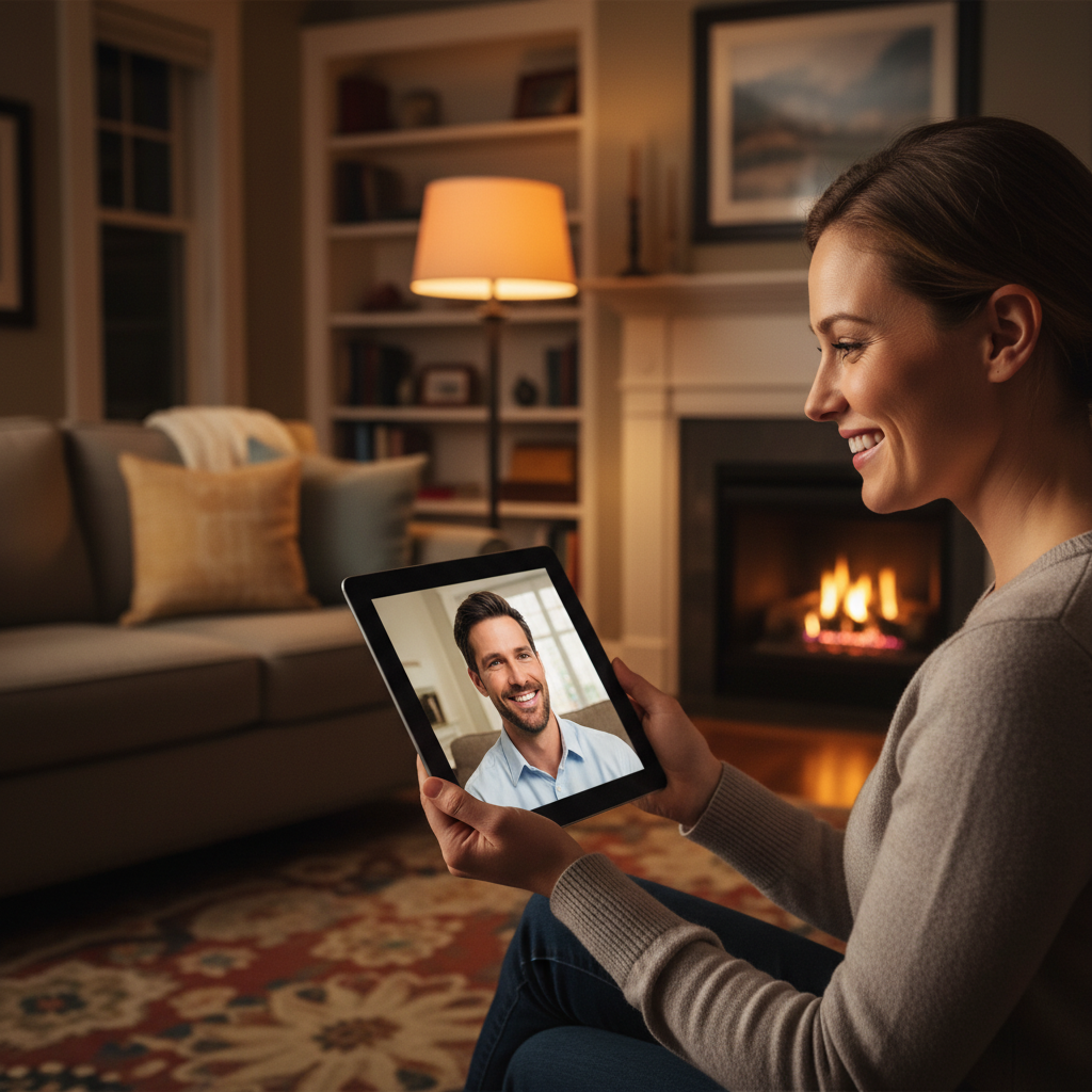 Side-angle scene of a broker on a video call guiding an Australian homeowner through an online refinance