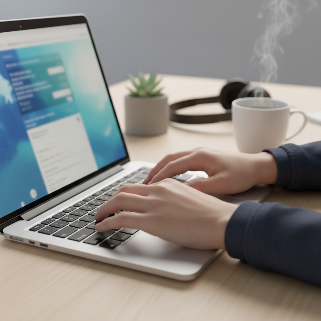 Close-up of hands typing during an online refinance application, illustrating digital home loan process in Australia