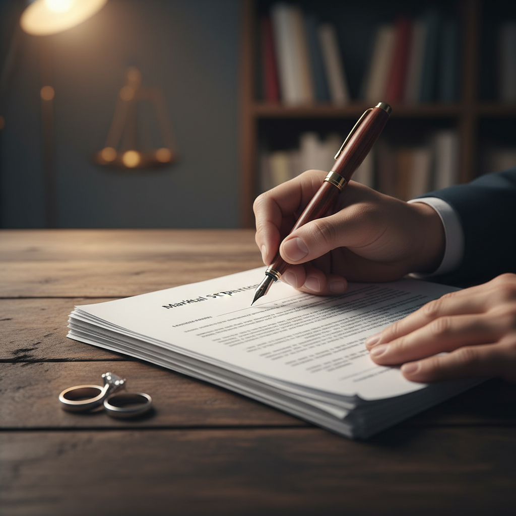 Close-up of signing a separation agreement with a divorce lawyer in Toronto, Canada, pen and wedding ring on desk