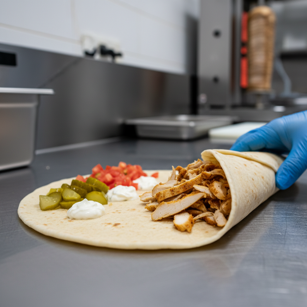 Close-up of a shawarma wrap being assembled for takeout with fresh toppings, illustrating online ordering customization to avoid mistakes