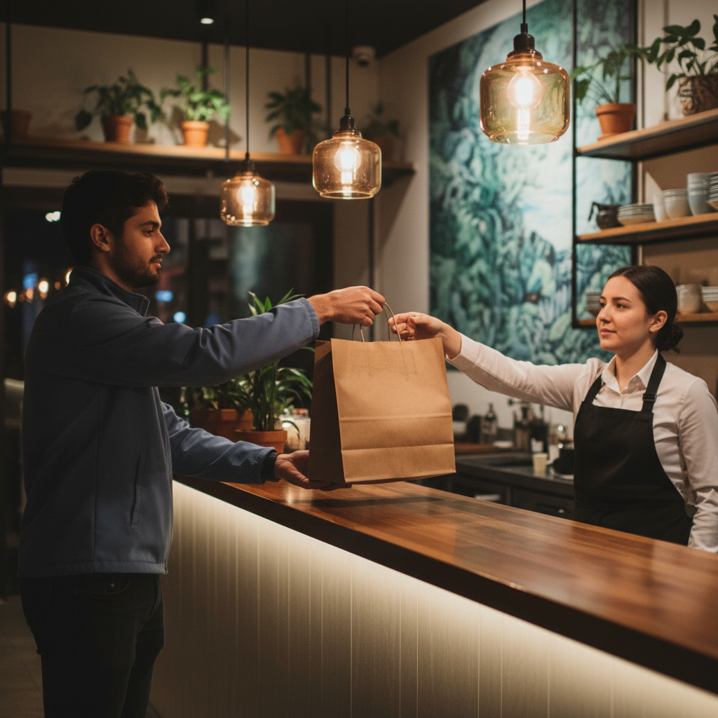 Courier handing an eco-friendly takeout bag across a Toronto pickup counter, showcasing smooth handoff to avoid online ordering mistakes