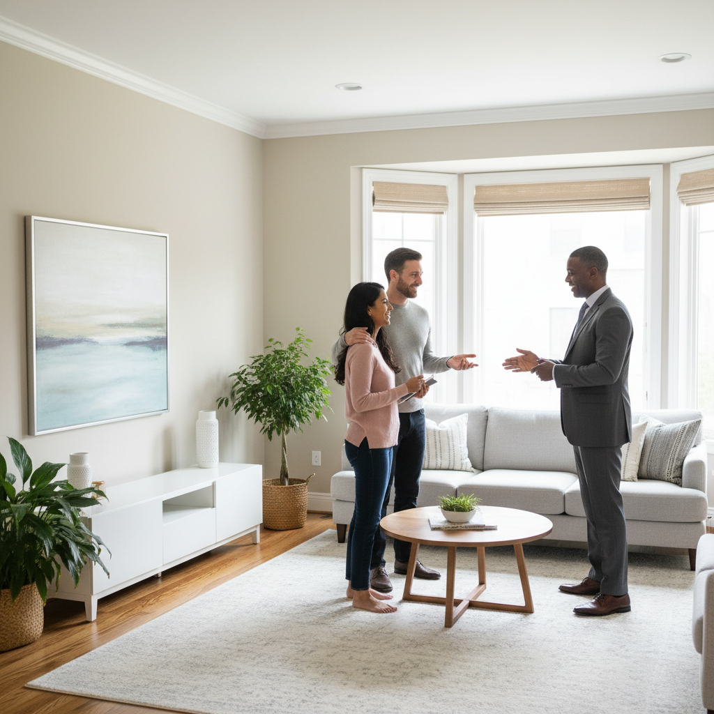 Home tour scene in Surrey showing a couple and agent evaluating a living room to shortlist properties